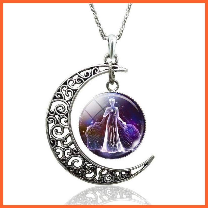 12 Constellation Zodiac Sign In Cabochon Glass With Crescent Moon Necklace | whatagift.com.au.