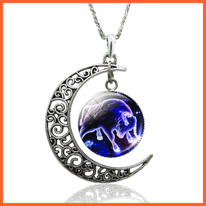 12 Constellation Zodiac Sign In Cabochon Glass With Crescent Moon Necklace | whatagift.com.au.