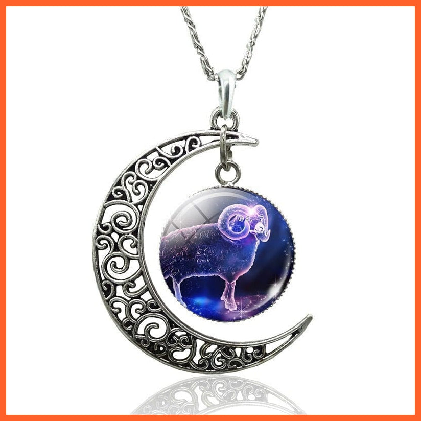 12 Constellation Zodiac Sign In Cabochon Glass With Crescent Moon Necklace | whatagift.com.au.