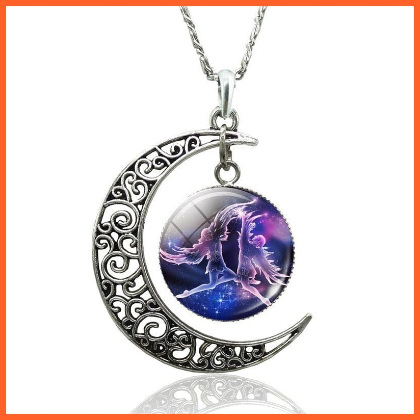12 Constellation Zodiac Sign In Cabochon Glass With Crescent Moon Necklace | whatagift.com.au.