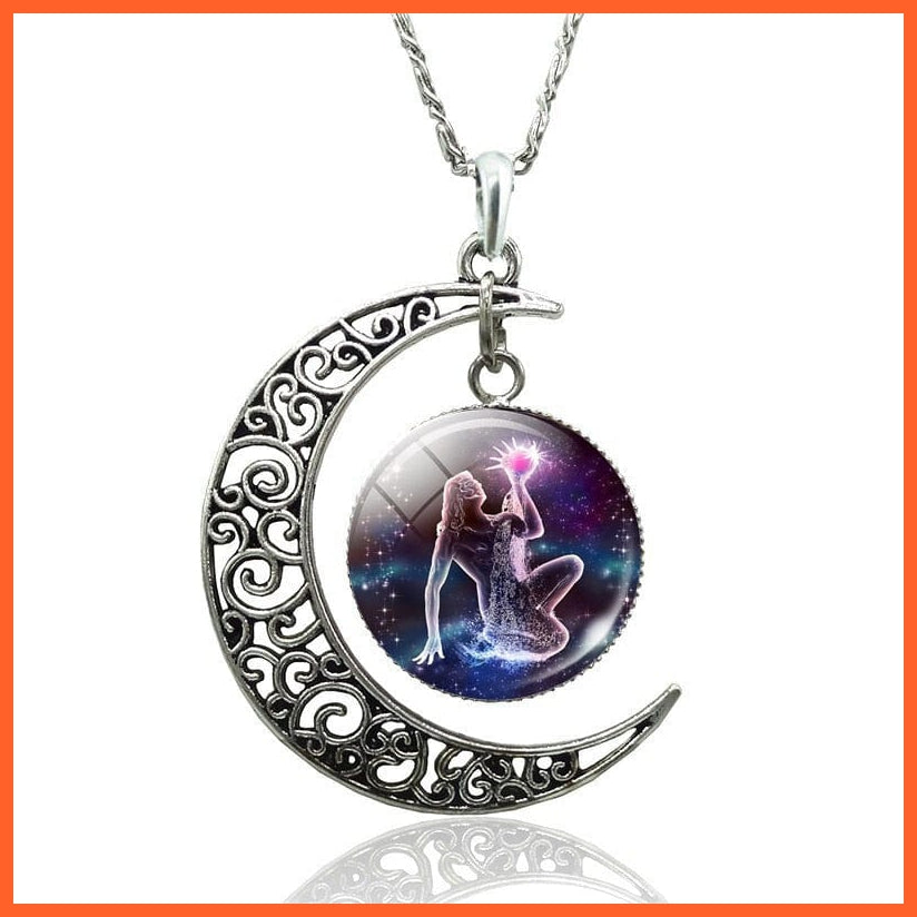 12 Constellation Zodiac Sign In Cabochon Glass With Crescent Moon Necklace | whatagift.com.au.