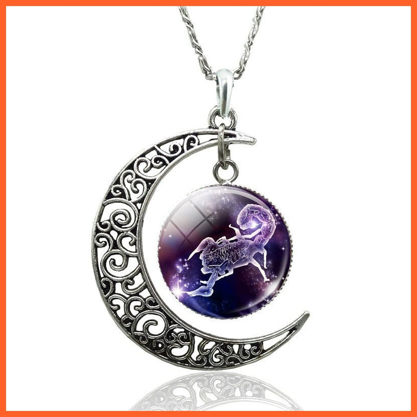 12 Constellation Zodiac Sign In Cabochon Glass With Crescent Moon Necklace | whatagift.com.au.