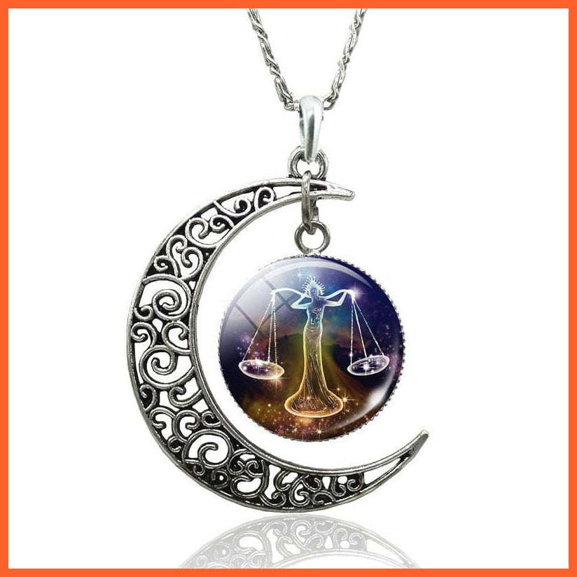 12 Constellation Zodiac Sign In Cabochon Glass With Crescent Moon Necklace | whatagift.com.au.