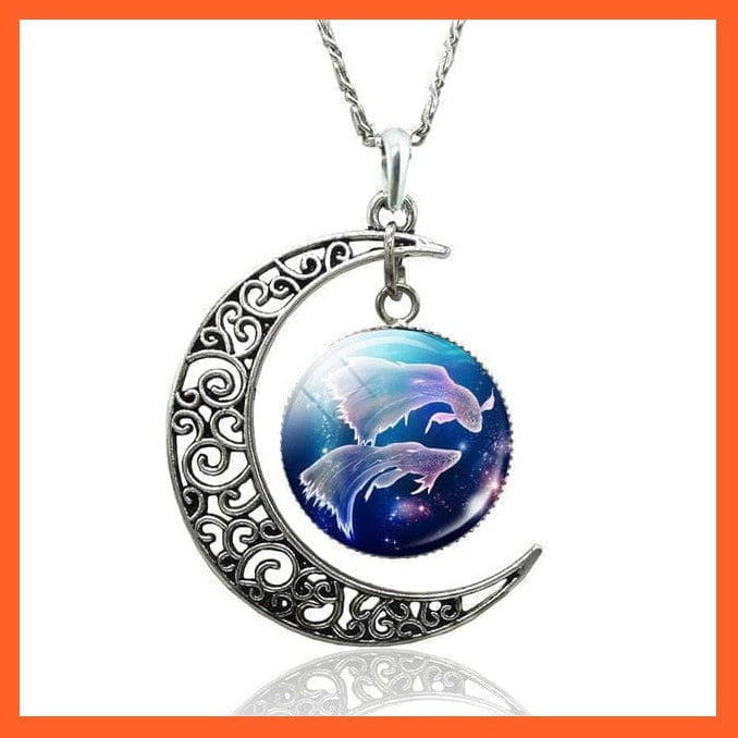 whatagift.com.au necklace 12 Constellation Zodiac Sign In Cabochon Glass With Crescent Moon Necklace