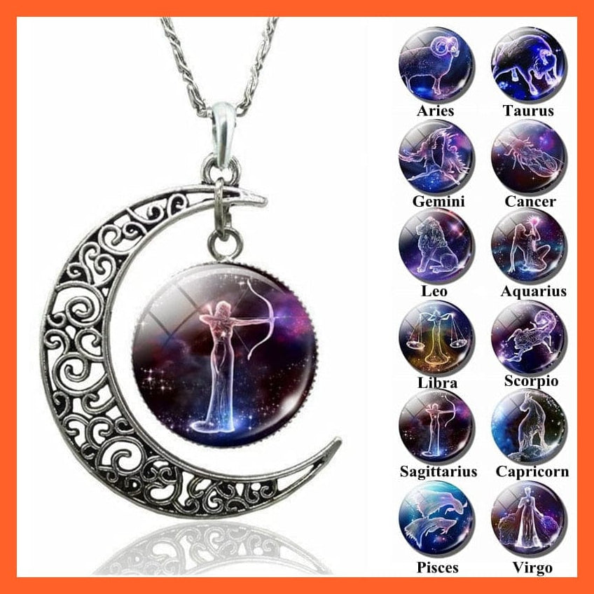whatagift.com.au necklace 12 Constellation Zodiac Sign In Cabochon Glass With Crescent Moon Necklace