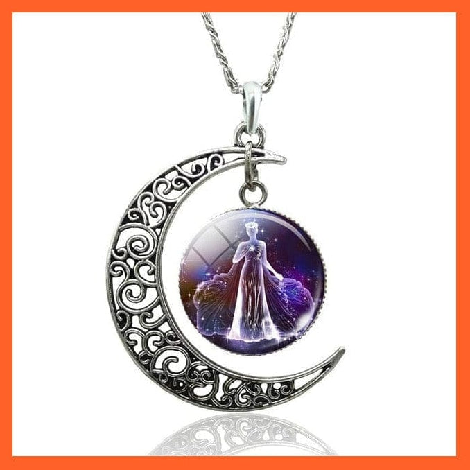 whatagift.com.au necklace 12 Constellation Zodiac Sign In Cabochon Glass With Crescent Moon Necklace