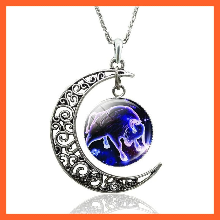 whatagift.com.au necklace 12 Constellation Zodiac Sign In Cabochon Glass With Crescent Moon Necklace