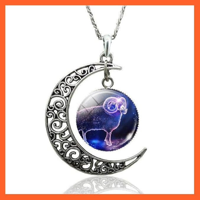 whatagift.com.au necklace 12 Constellation Zodiac Sign In Cabochon Glass With Crescent Moon Necklace