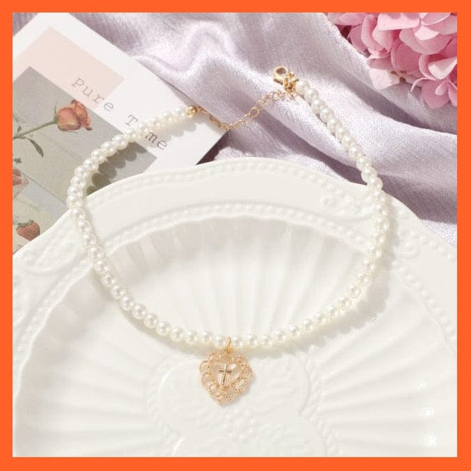 whatagift.com.au necklace 5306702 Gold Silver Pearl Heart Shaped Pendant Choker Necklace For Women