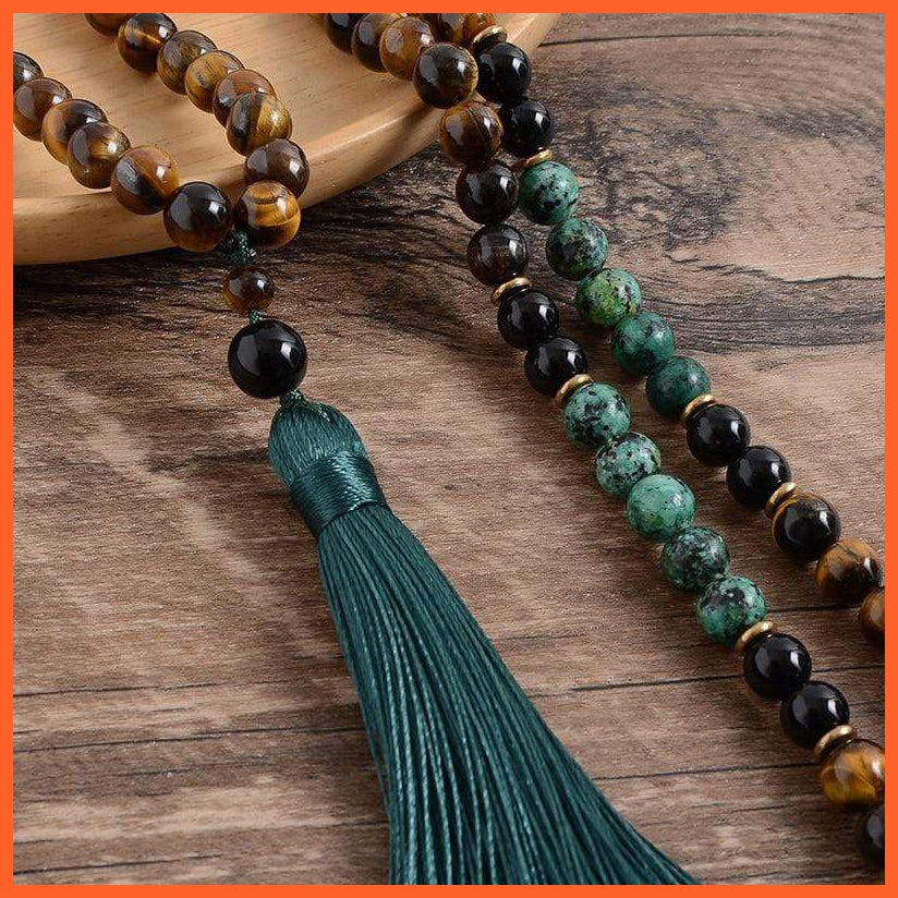 Yellow Tiger Eyes African Turquoise Black Onyx Neck Piece| Beaded Tassel Handmade Necklace | whatagift.com.au.