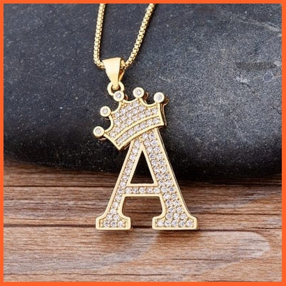 Luxury 26 Letters With Crown Cubic Zircon Pendant Necklace For Women | Gold Color Initials Of Name Necklace | whatagift.com.au.