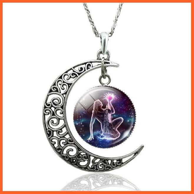 12 Constellation Zodiac Sign In Cabochon Glass With Crescent Moon Necklace | whatagift.com.au.