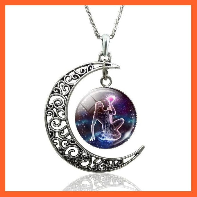 whatagift.com.au necklace Aquarius-style 1 / 47cm 12 Constellation Zodiac Sign In Cabochon Glass With Crescent Moon Necklace