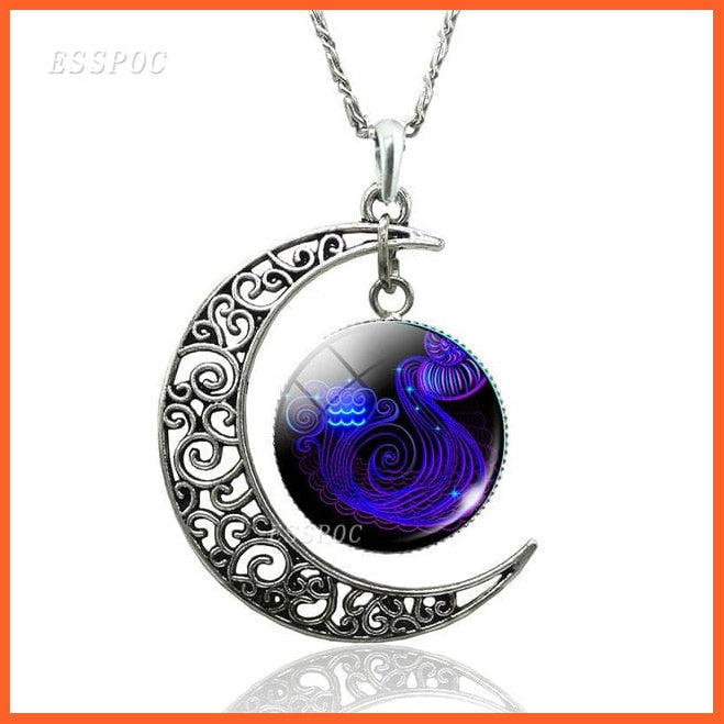 12 Constellation Zodiac Sign In Cabochon Glass With Crescent Moon Necklace | whatagift.com.au.
