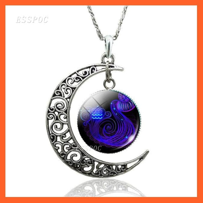 whatagift.com.au necklace Aquarius-style 2 / 47cm 12 Constellation Zodiac Sign In Cabochon Glass With Crescent Moon Necklace