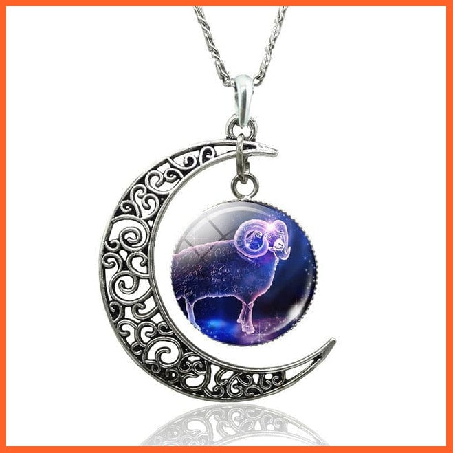 12 Constellation Zodiac Sign In Cabochon Glass With Crescent Moon Necklace | whatagift.com.au.