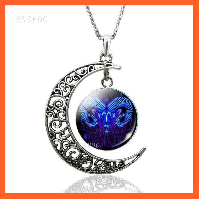 whatagift.com.au necklace Aries-style 2 / 47cm 12 Constellation Zodiac Sign In Cabochon Glass With Crescent Moon Necklace