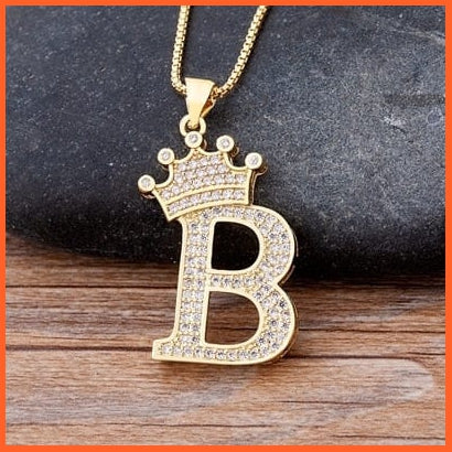 Luxury 26 Letters With Crown Cubic Zircon Pendant Necklace For Women | Gold Color Initials Of Name Necklace | whatagift.com.au.