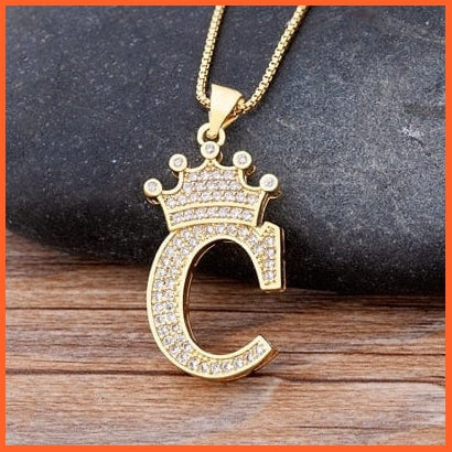 Luxury 26 Letters With Crown Cubic Zircon Pendant Necklace For Women | Gold Color Initials Of Name Necklace | whatagift.com.au.