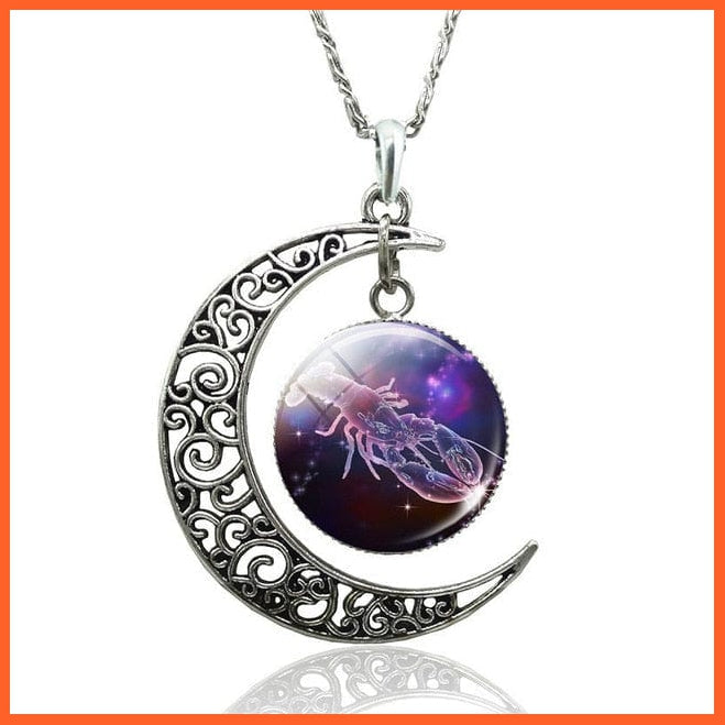12 Constellation Zodiac Sign In Cabochon Glass With Crescent Moon Necklace | whatagift.com.au.