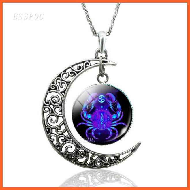 12 Constellation Zodiac Sign In Cabochon Glass With Crescent Moon Necklace | whatagift.com.au.