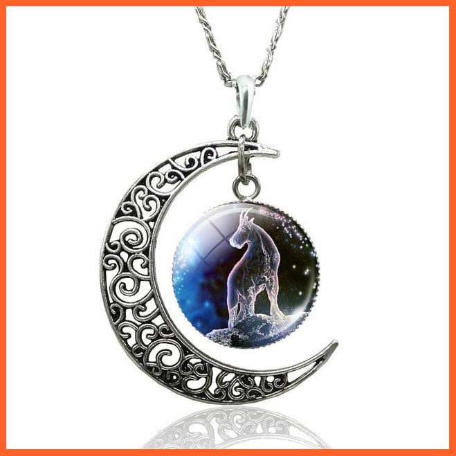 12 Constellation Zodiac Sign In Cabochon Glass With Crescent Moon Necklace | whatagift.com.au.