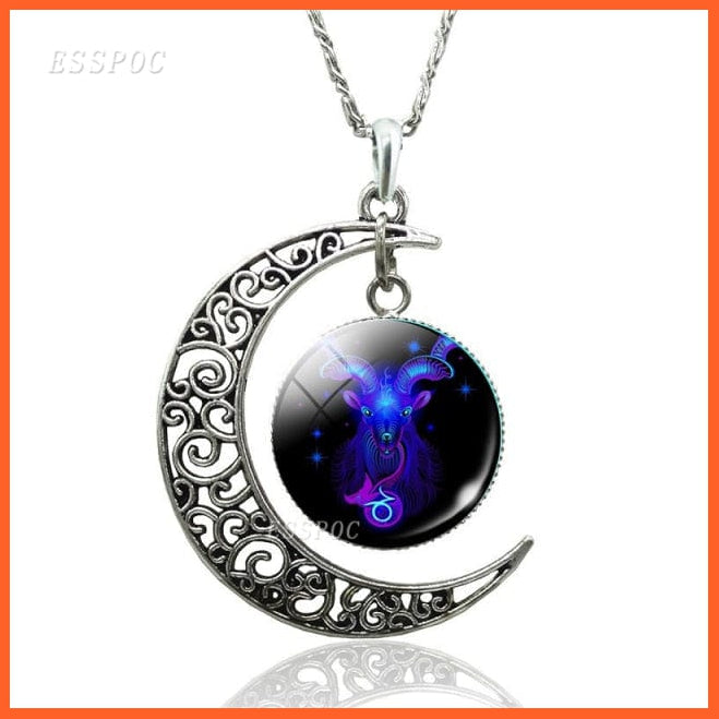 12 Constellation Zodiac Sign In Cabochon Glass With Crescent Moon Necklace | whatagift.com.au.