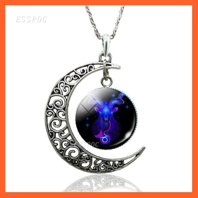 whatagift.com.au necklace Capricorn-style 2 / 47cm Copy of 12 Constellation Zodiac Sign In Cabochon Glass With Crescent Moon Necklace