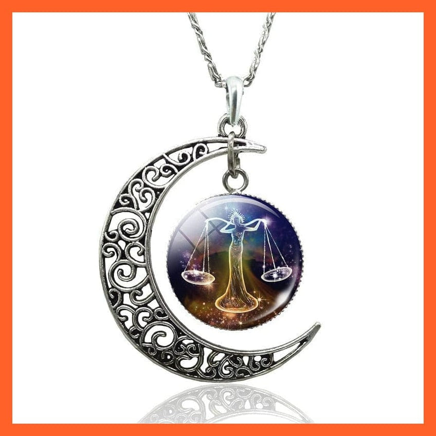whatagift.com.au necklace Copy of 12 Constellation Zodiac Sign In Cabochon Glass With Crescent Moon Necklace