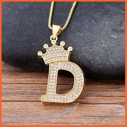 Luxury 26 Letters With Crown Cubic Zircon Pendant Necklace For Women | Gold Color Initials Of Name Necklace | whatagift.com.au.