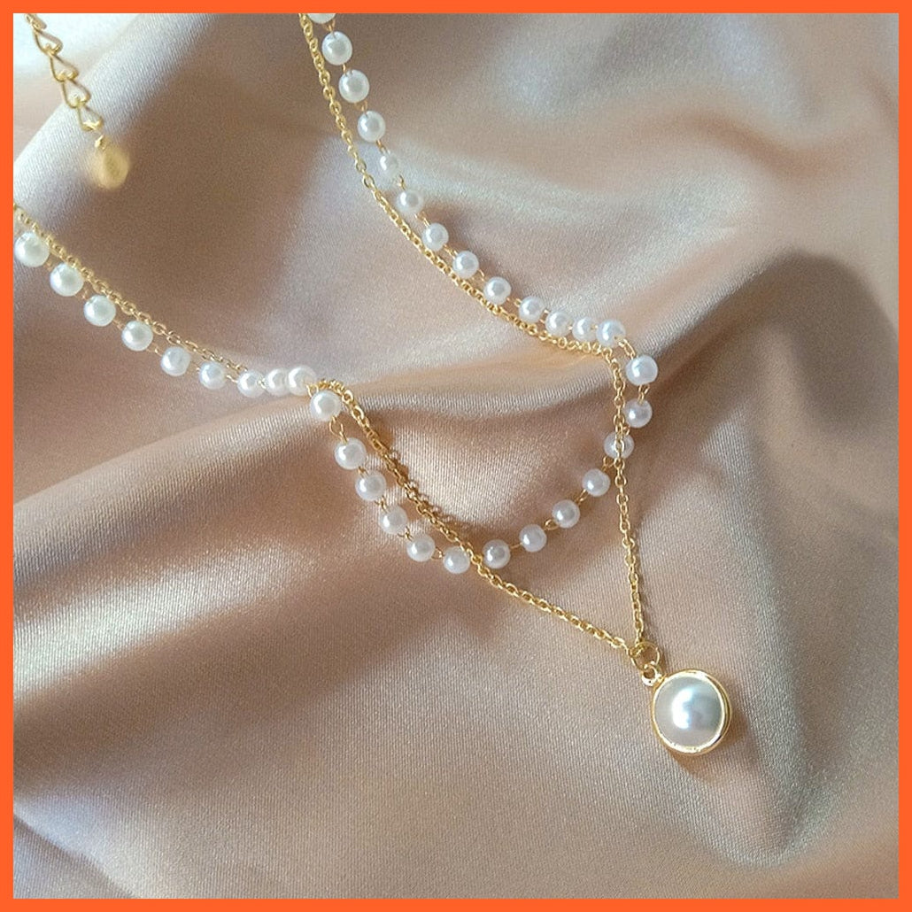 Double Layer Gold/Silver Chain With Pearl Pendant Choker Necklace | whatagift.com.au.