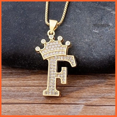Luxury 26 Letters With Crown Cubic Zircon Pendant Necklace For Women | Gold Color Initials Of Name Necklace | whatagift.com.au.