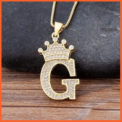 Luxury 26 Letters With Crown Cubic Zircon Pendant Necklace For Women | Gold Color Initials Of Name Necklace | whatagift.com.au.