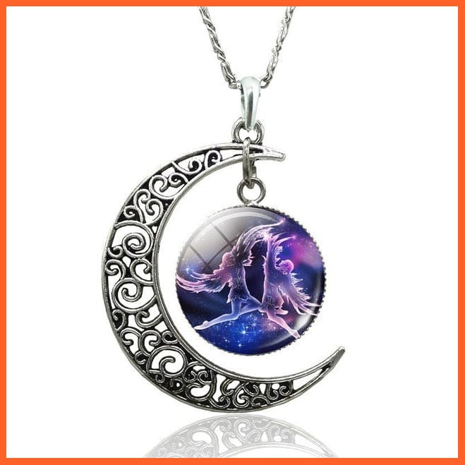 12 Constellation Zodiac Sign In Cabochon Glass With Crescent Moon Necklace | whatagift.com.au.