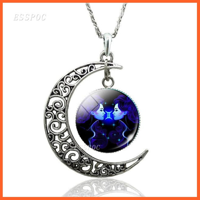 12 Constellation Zodiac Sign In Cabochon Glass With Crescent Moon Necklace | whatagift.com.au.
