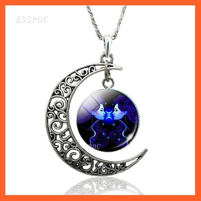 whatagift.com.au necklace Gemini-style 2 / 47cm 12 Constellation Zodiac Sign In Cabochon Glass With Crescent Moon Necklace
