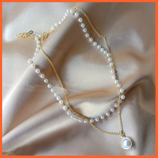 Double Layer Gold/Silver Chain With Pearl Pendant Choker Necklace | whatagift.com.au.