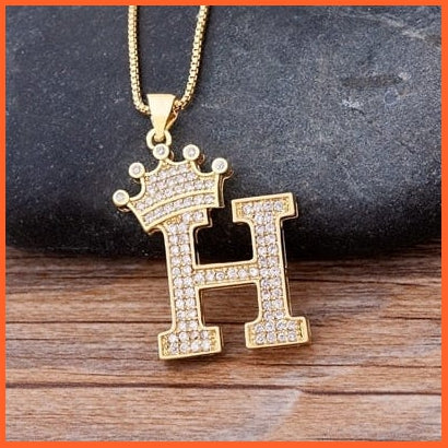 Luxury 26 Letters With Crown Cubic Zircon Pendant Necklace For Women | Gold Color Initials Of Name Necklace | whatagift.com.au.