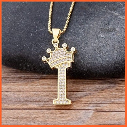 Luxury 26 Letters With Crown Cubic Zircon Pendant Necklace For Women | Gold Color Initials Of Name Necklace | whatagift.com.au.