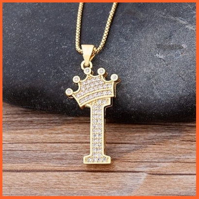 Luxury 26 Letters With Crown Cubic Zircon Pendant Necklace For Women | Gold Color Initials Of Name Necklace | whatagift.com.au.