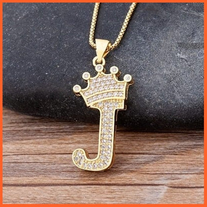 Luxury 26 Letters With Crown Cubic Zircon Pendant Necklace For Women | Gold Color Initials Of Name Necklace | whatagift.com.au.
