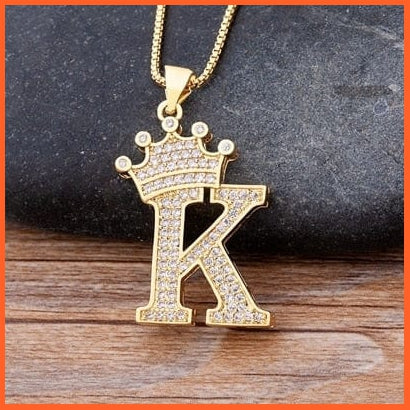 Luxury 26 Letters With Crown Cubic Zircon Pendant Necklace For Women | Gold Color Initials Of Name Necklace | whatagift.com.au.