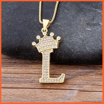 Luxury 26 Letters With Crown Cubic Zircon Pendant Necklace For Women | Gold Color Initials Of Name Necklace | whatagift.com.au.