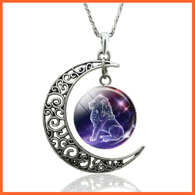 12 Constellation Zodiac Sign In Cabochon Glass With Crescent Moon Necklace | whatagift.com.au.