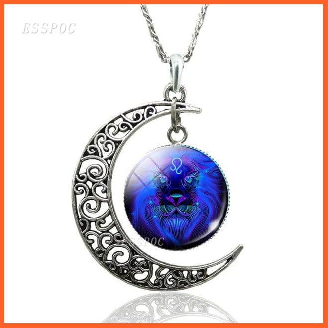 12 Constellation Zodiac Sign In Cabochon Glass With Crescent Moon Necklace | whatagift.com.au.