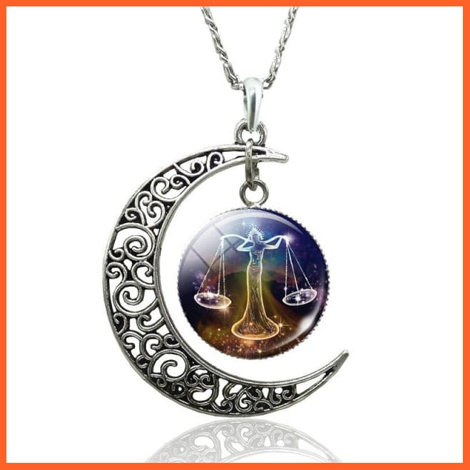 12 Constellation Zodiac Sign In Cabochon Glass With Crescent Moon Necklace | whatagift.com.au.