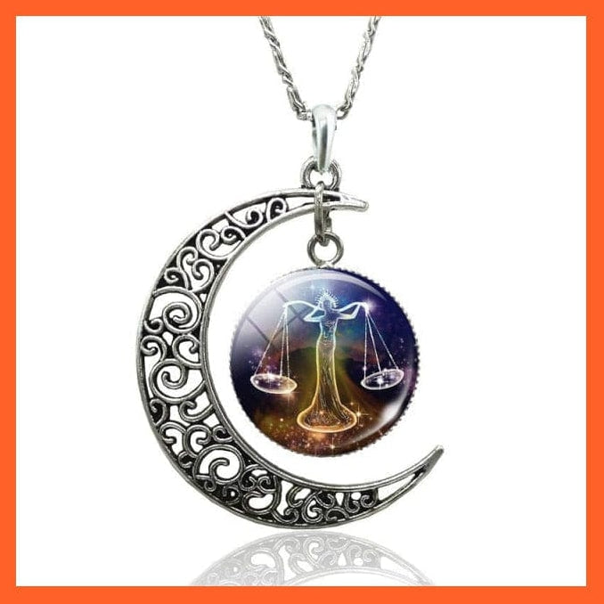 whatagift.com.au necklace libra-style 1 / 47cm 12 Constellation Zodiac Sign In Cabochon Glass With Crescent Moon Necklace