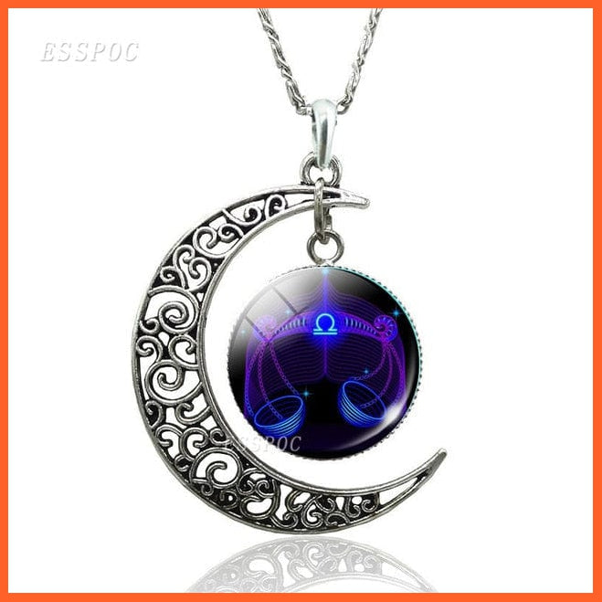 12 Constellation Zodiac Sign In Cabochon Glass With Crescent Moon Necklace | whatagift.com.au.