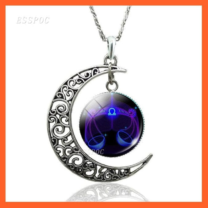 whatagift.com.au necklace Libra-style 2 / 47cm 12 Constellation Zodiac Sign In Cabochon Glass With Crescent Moon Necklace