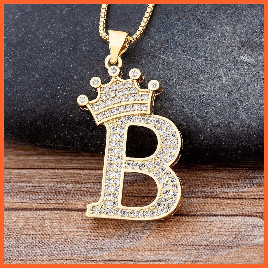 Luxury 26 Letters With Crown Cubic Zircon Pendant Necklace For Women | Gold Color Initials Of Name Necklace | whatagift.com.au.